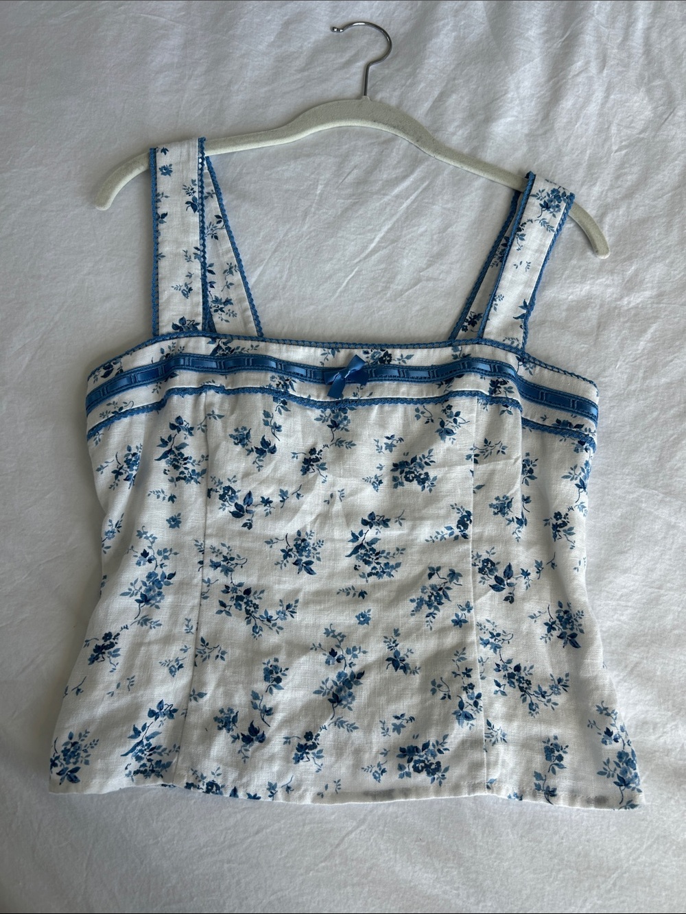 Reformation White and Blue Floral Square-Neck Tank
